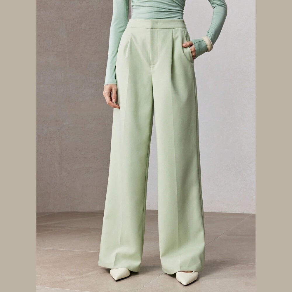 Pale Mint Green Pleated Wide Leg Trousers